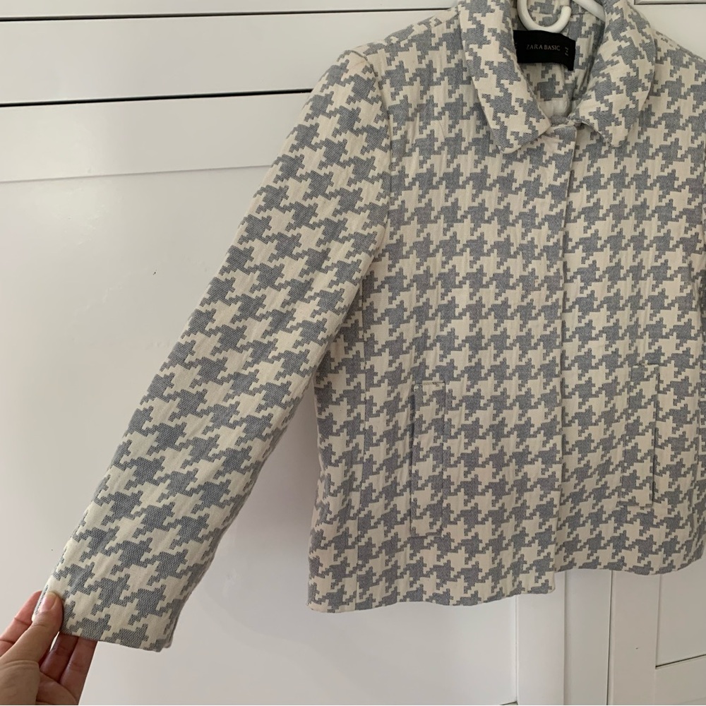 Zara Cream Baby Blue Houndstooth Crop Jacket Size Medium - Picture 4 of 12